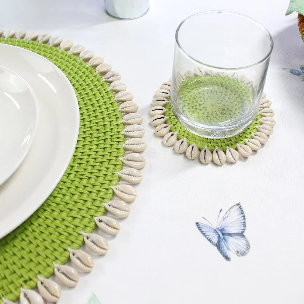 NEW Set of 4-Premium Coasters-Seashell-Trimmed Rattan-Lime Green-Eco Handcraft